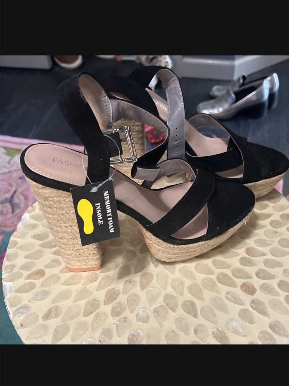 Fashion Nova Black Suede Espadrille Wedge Sandals